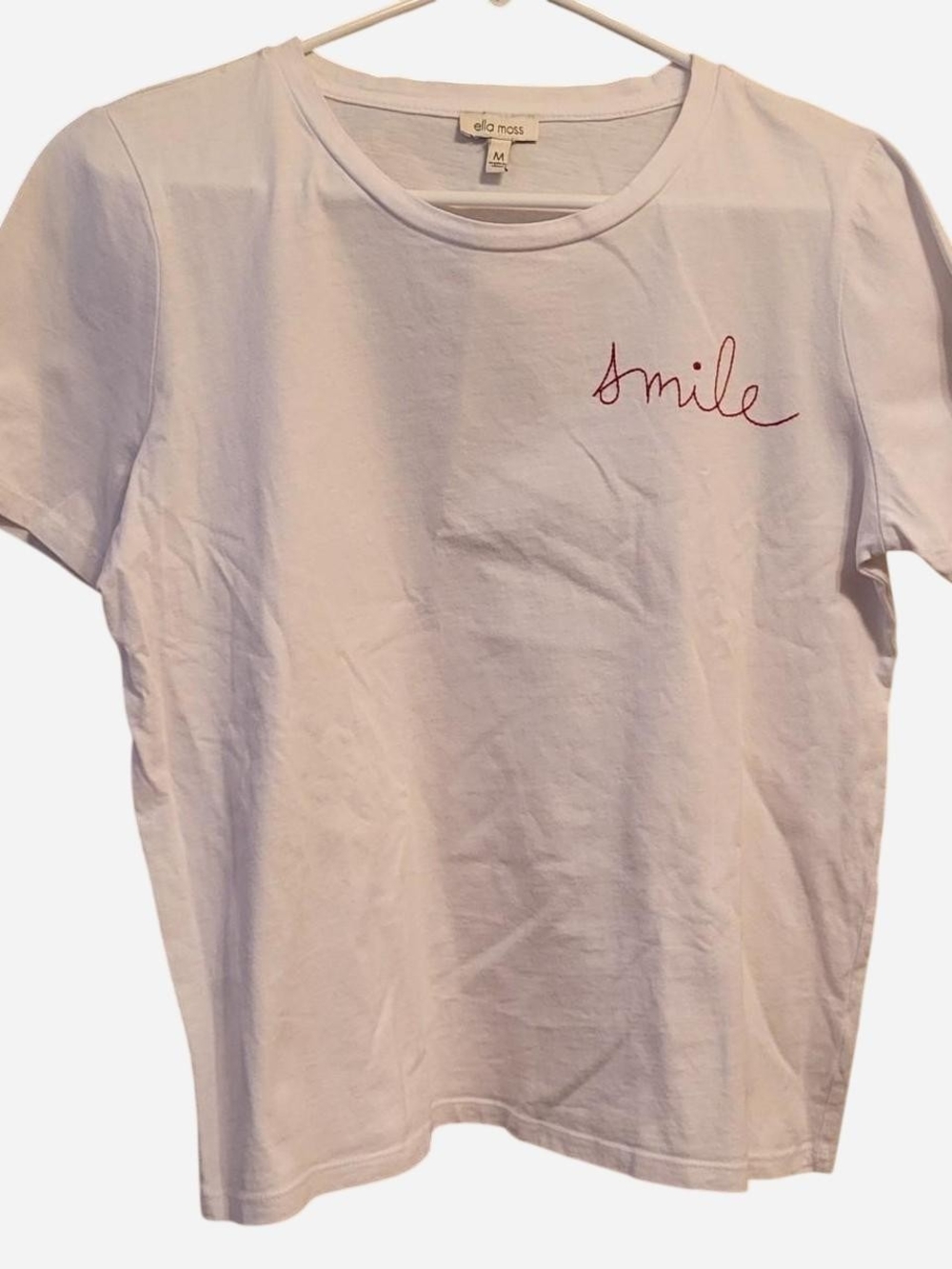 Ella Moss ❤️ White Short-Sleeve Tee with Red "Smile" Embroidery